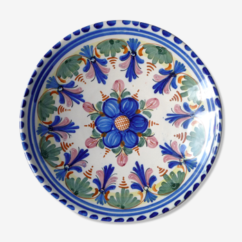 Hand-painted enamelled top signed unique floral blue / pink for deco or service 24 cm diameter