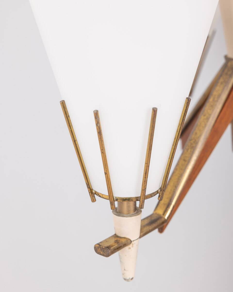 Vintage 50s chandelier in brass, wood and opal glass italian design