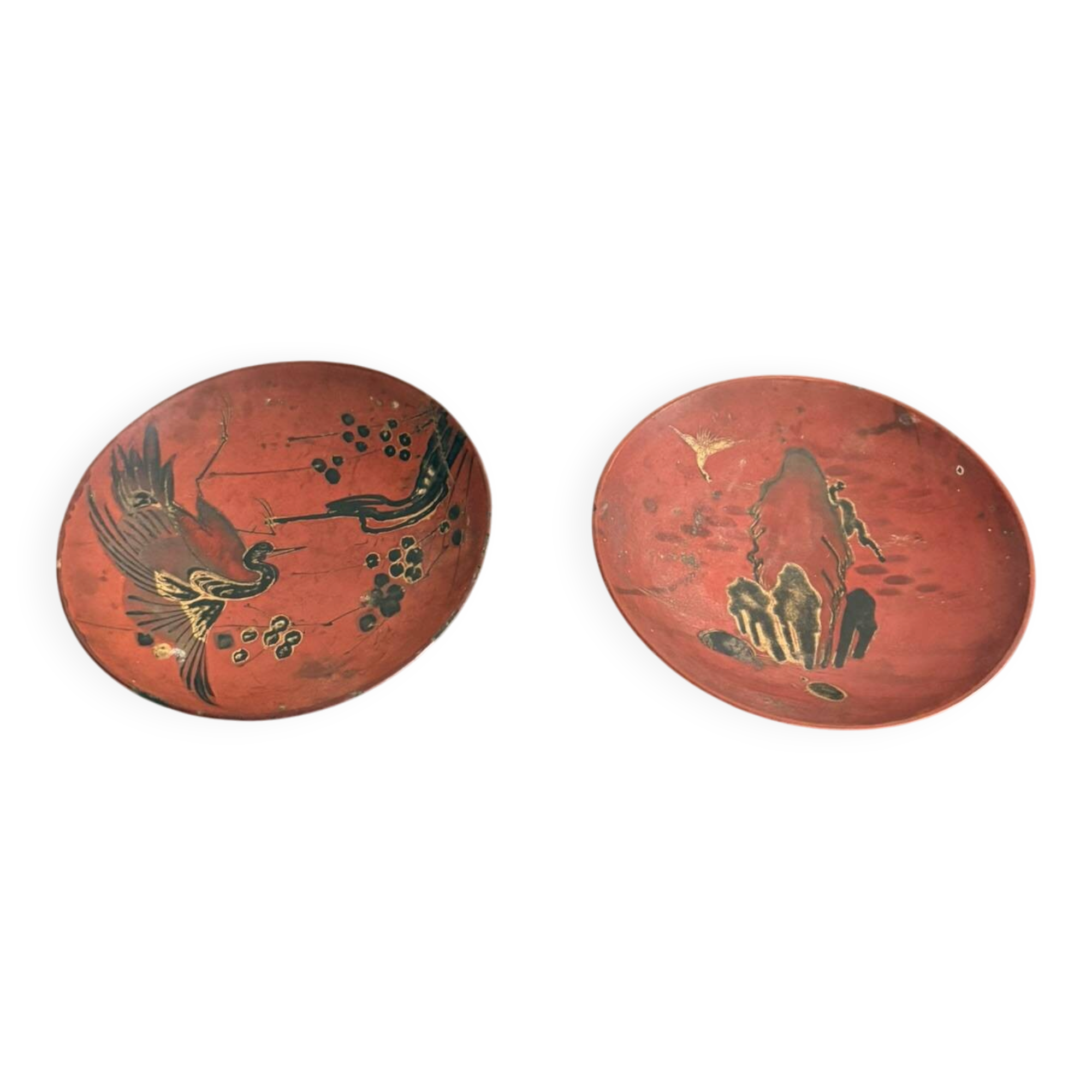 Antique Pair of Sake Cups Sakazuki in Japanese Lacquer Decorated with Maki Crane Meiji Era X