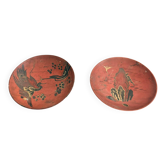 Ancien paire coupes sake sakazuki en laque japon décor maki grue ere meiji x