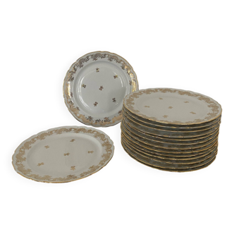 12 1950s flat plates in fine white Limoges porcelain with gold patterns ULIM - Pompadour