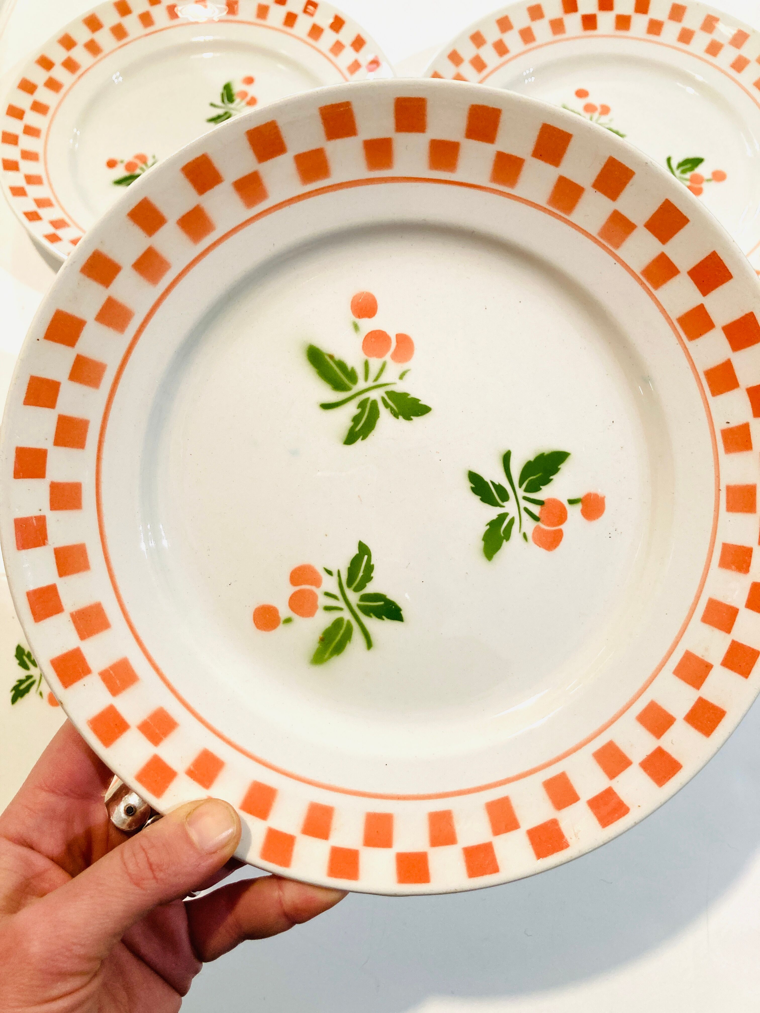 6 large plates in ecru ceramic pattern orchies- moulins des loups -retro-vintage-kitchen