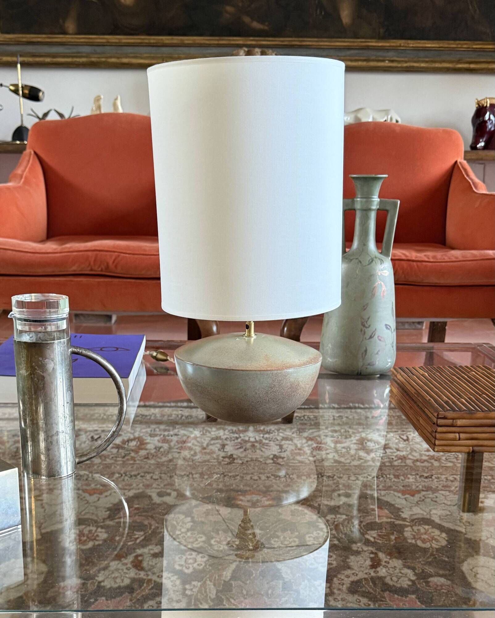 Mid-century modern green ceramic lamp base, Alain di Bin France 1960s