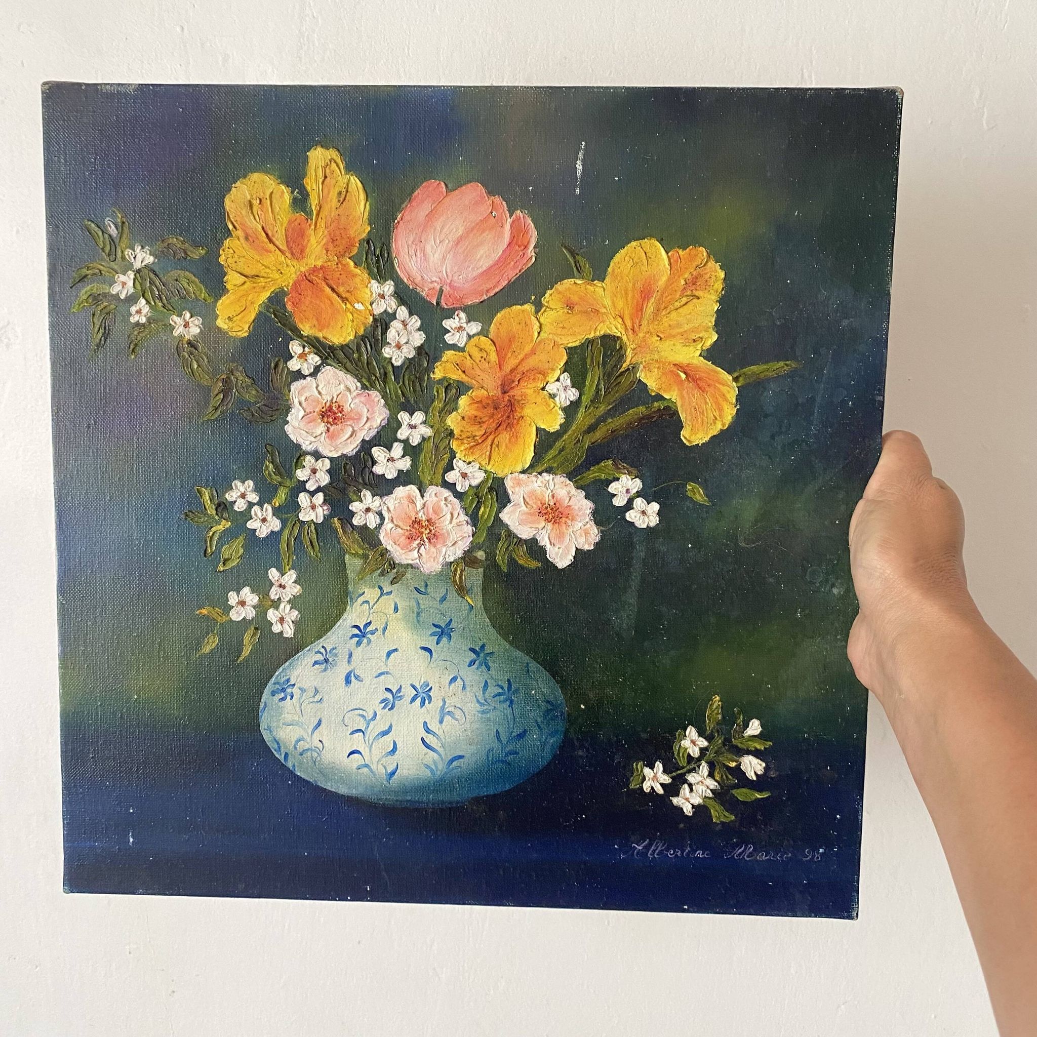 Peinture bouquet huile sur toile 38X38