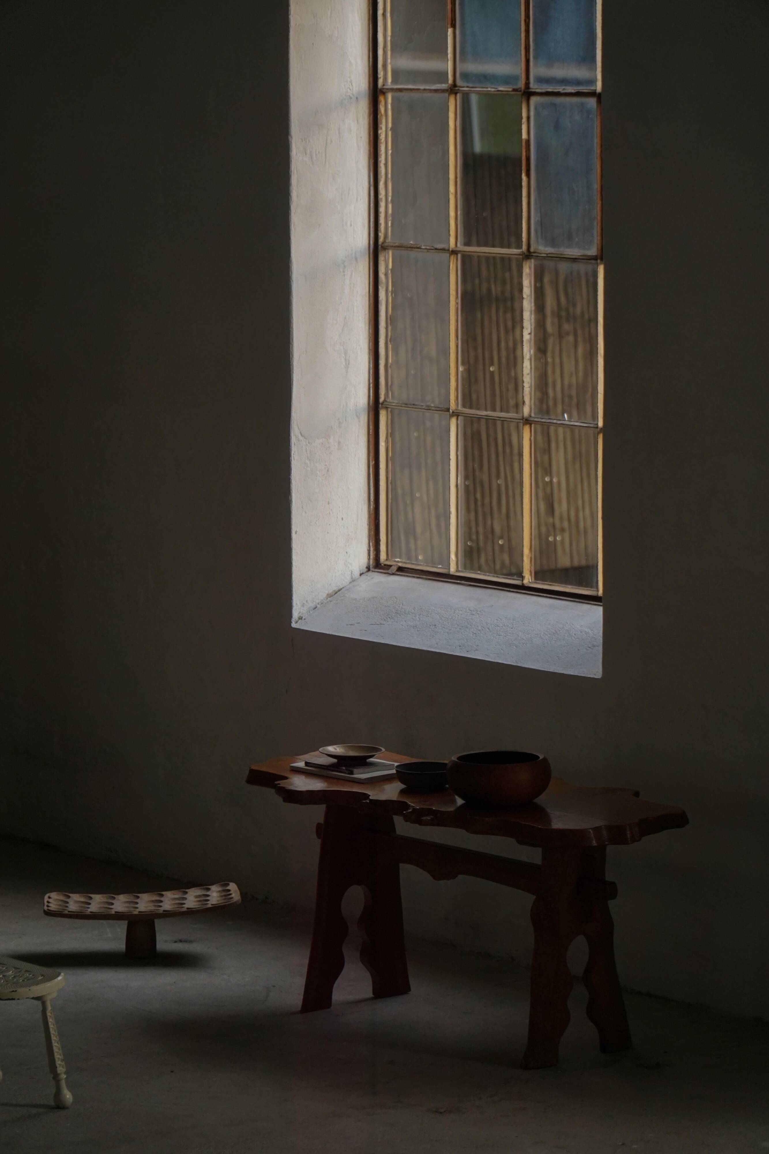 Mid-century Scandinavian coffee table made of solid elm wood, wabi-sabi style, 1960s.