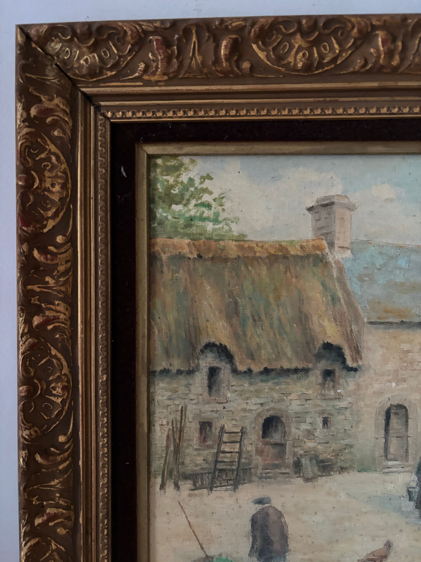 Oil on canvas "Village courtyard with chickens", signed.