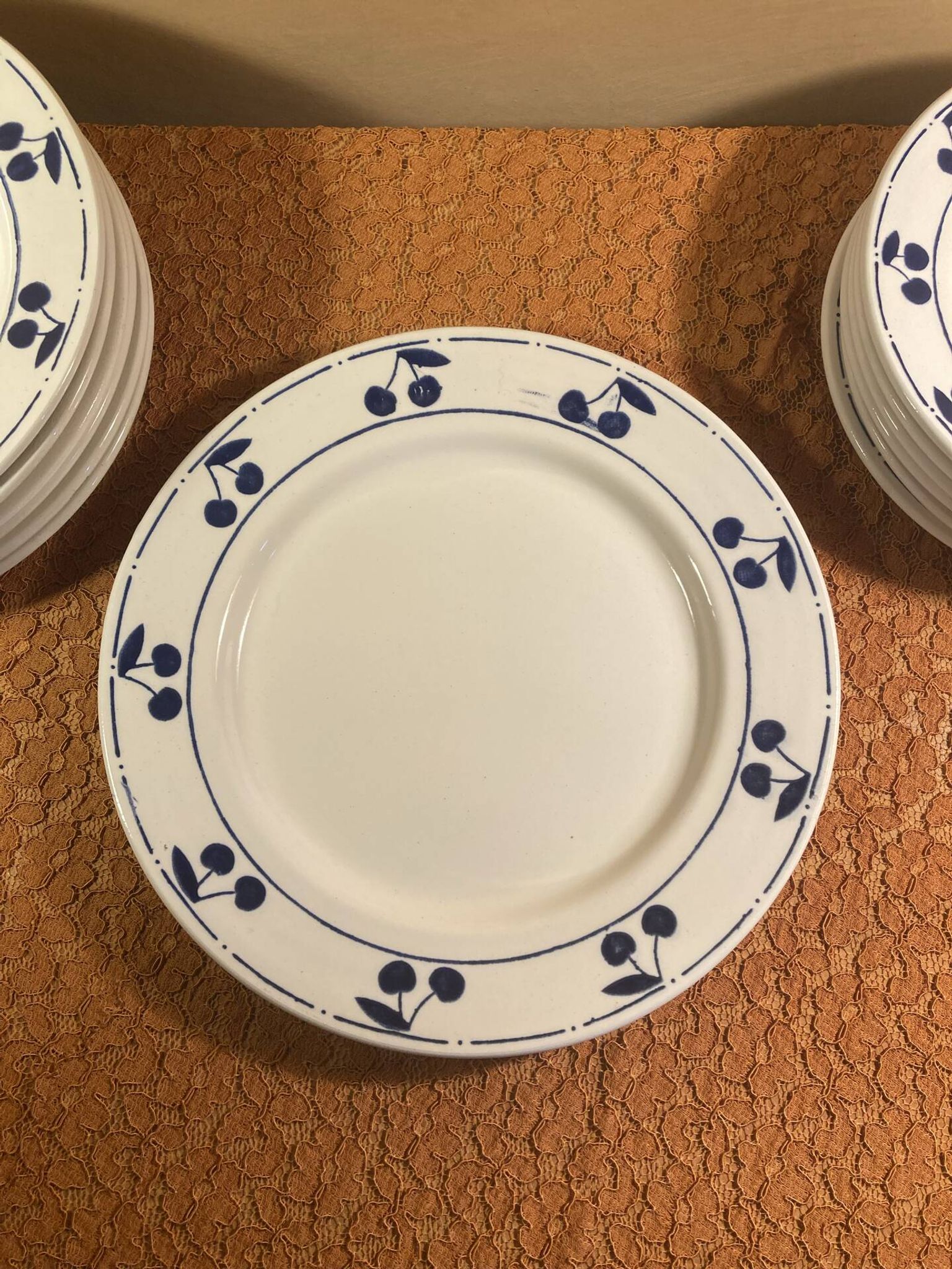 13 plates Longchamp pottery cobalt blue cherries