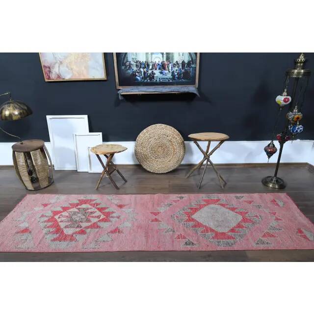 1970s Vintage Turkish Oushak Handmade Wool Cotton Pink Runner Rug 74x275