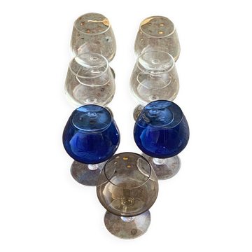 7 cognac glasses, colored glass, 2 blue, one gray and 4 transparent ARC France, vintage