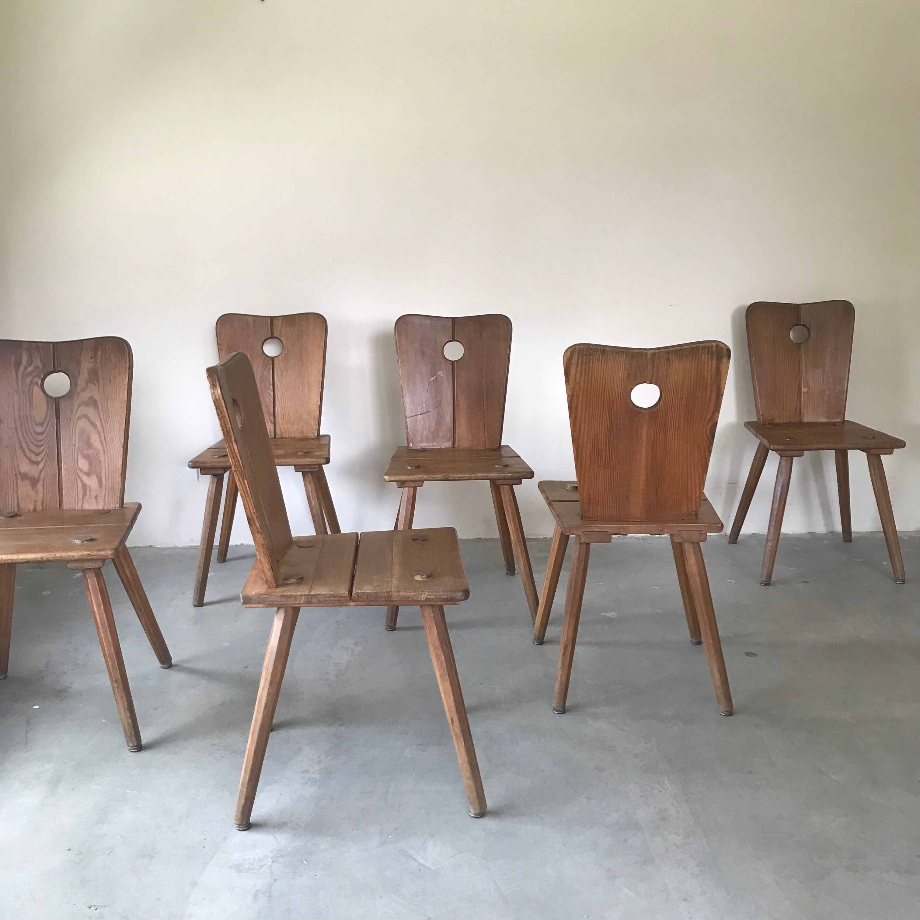 Suite of 6 savoyard solid wood chairs, circa 1950