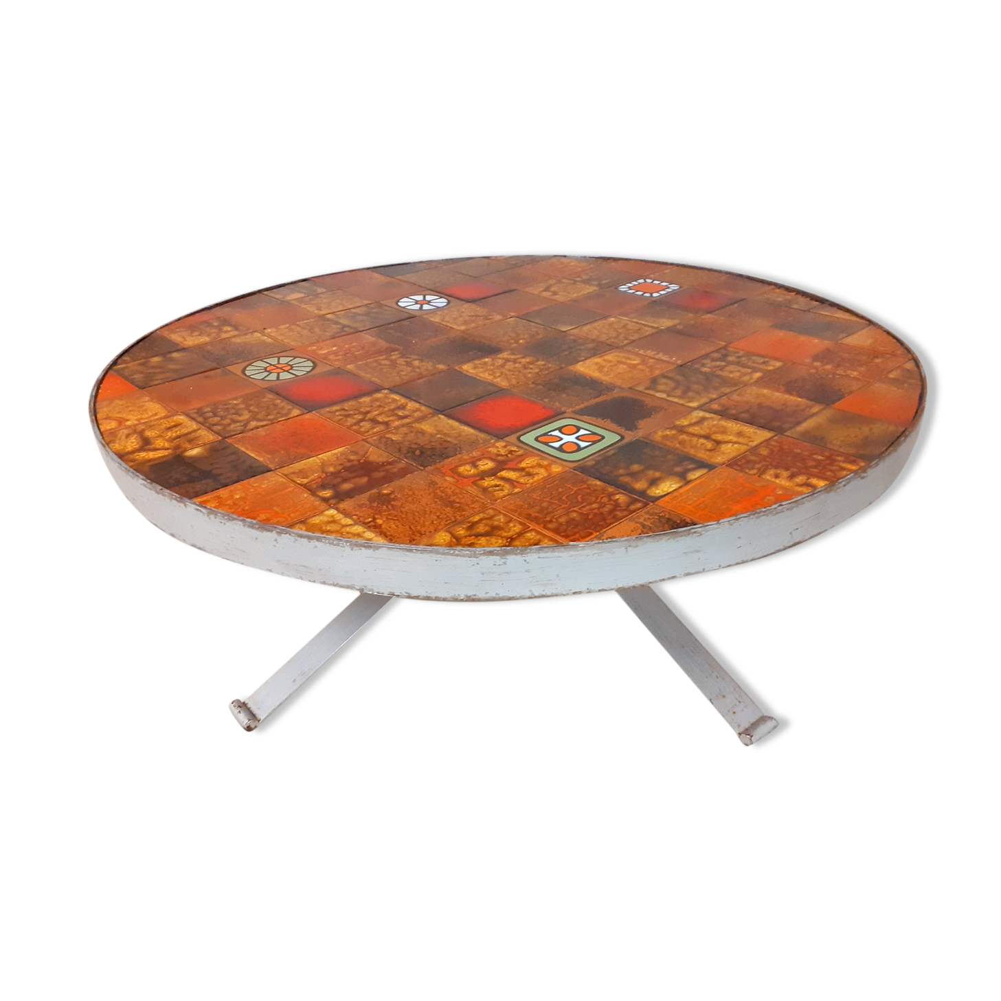 Vintage round coffee table roche-bobois in steel and ceramic 70s