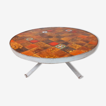 Vintage round coffee table roche-bobois in steel and ceramic 70s