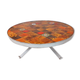 Vintage round coffee table roche-bobois in steel and ceramic 70s