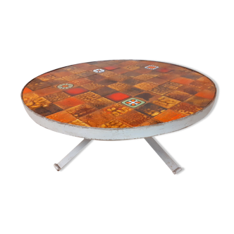Table basse ronde vintage roche-bobois en acier et céramique années 70
