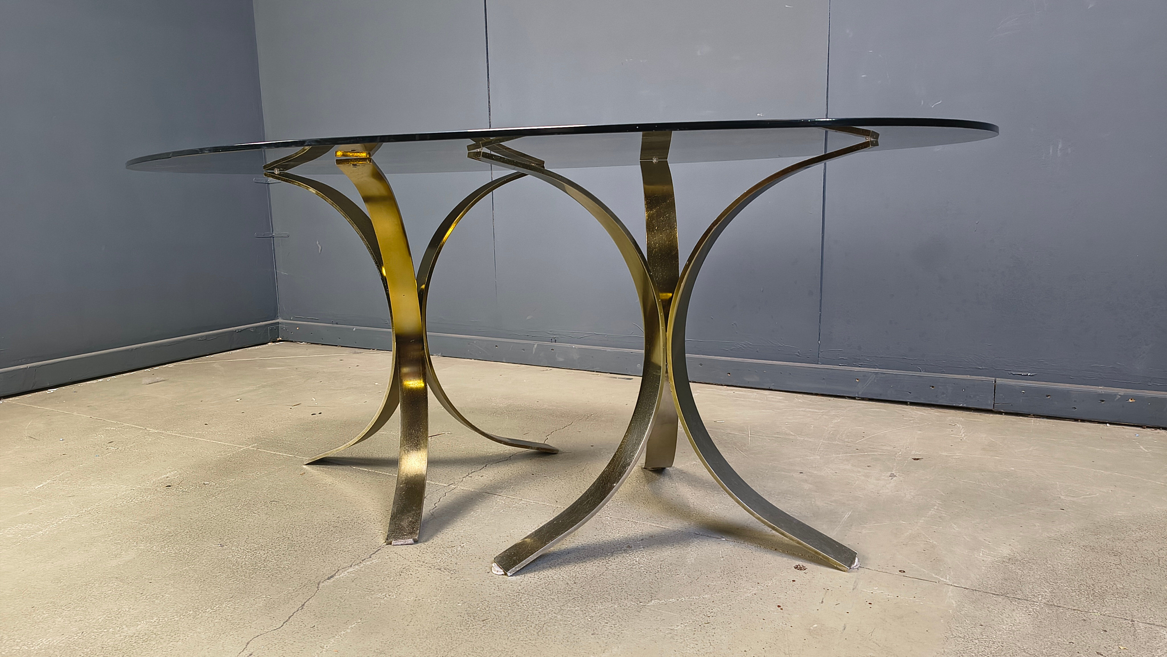 Vintage brass oval glass dining table, 1970s