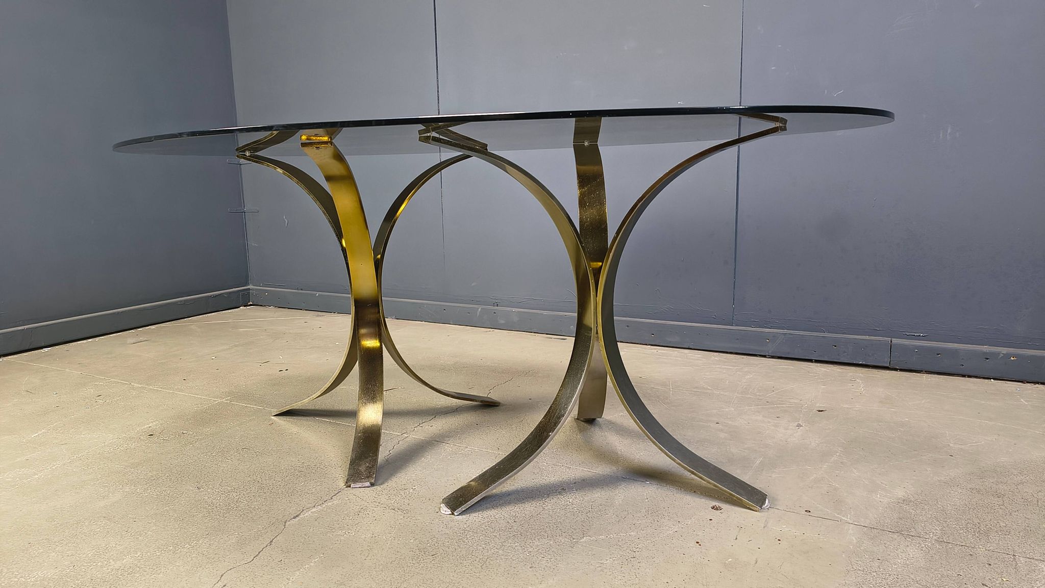 Vintage brass oval glass dining table, 1970s