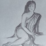 Signed watercolor painting on Denim paper portrait of a woman “waiting for the bath”