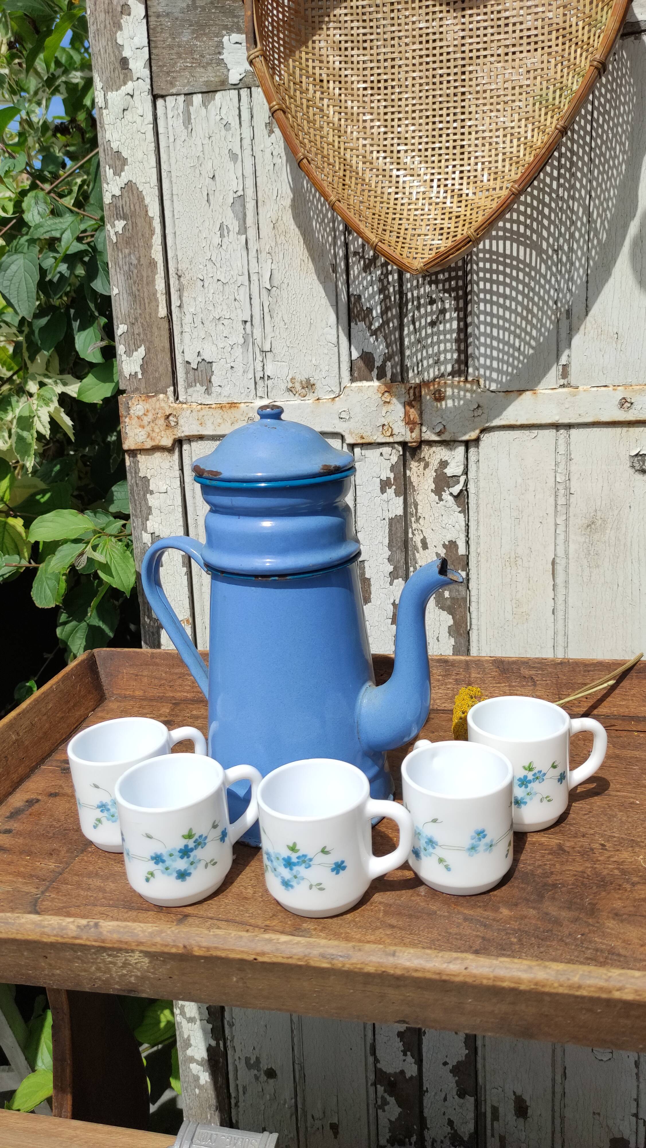 Blue coffee maker in vintage enamelled sheet metal