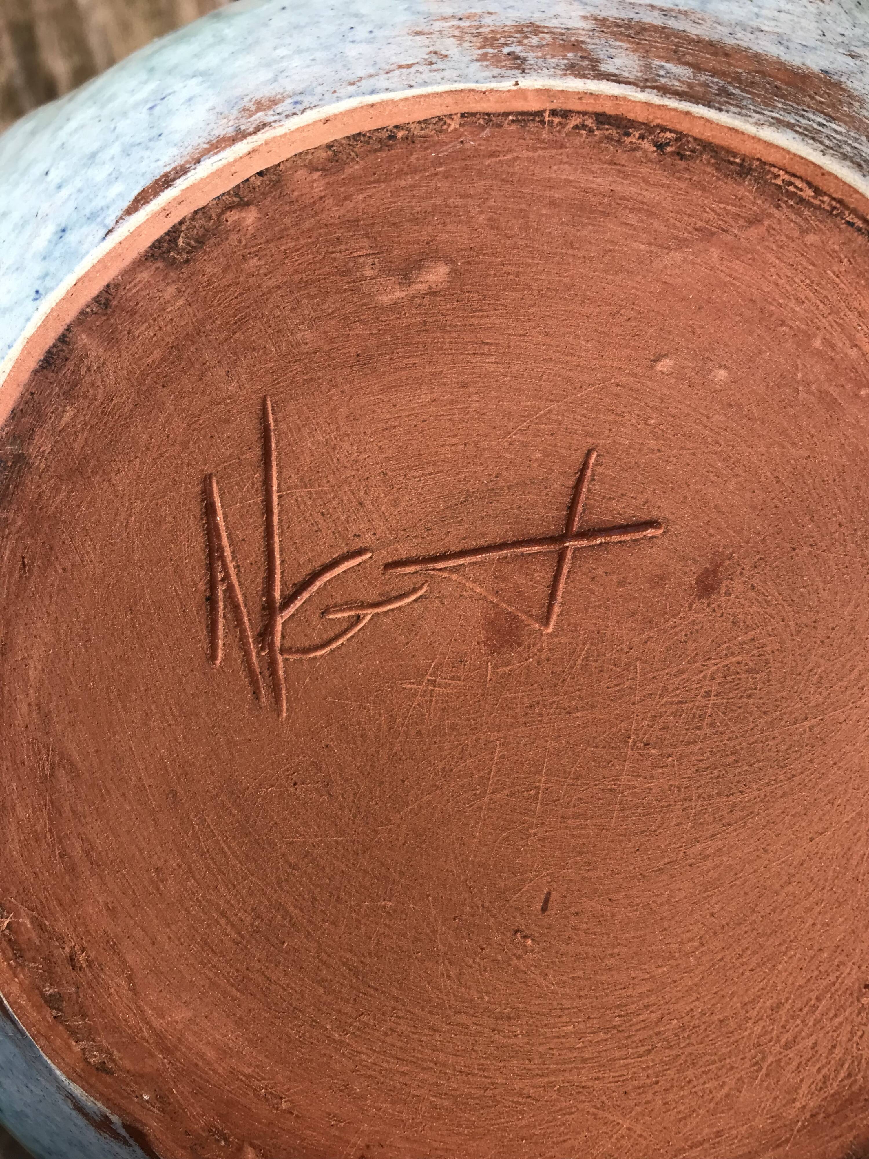 Ceramic vase, three faces, blue marble effects, signed