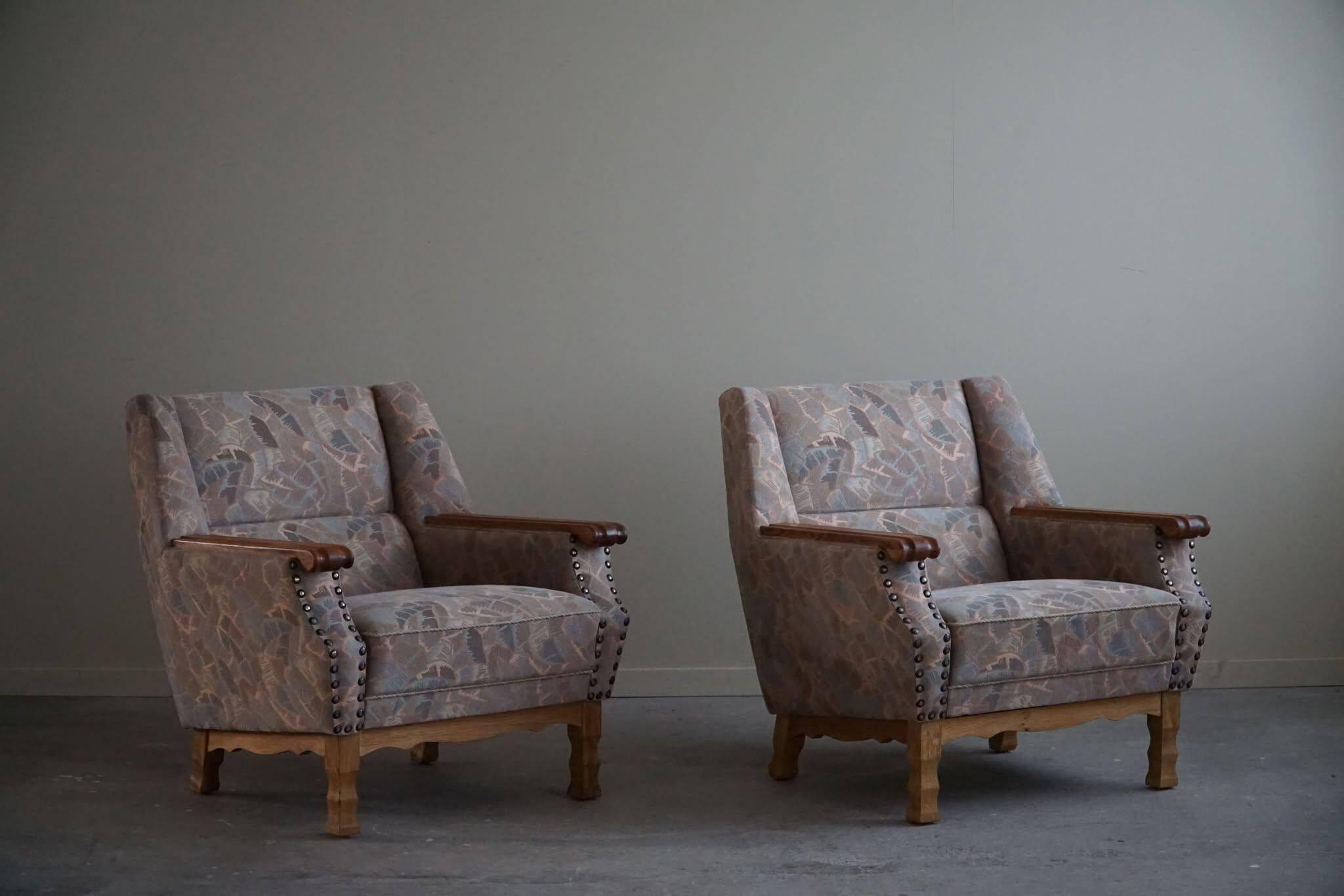 Mid-century modern Danish, pair of oak armchairs with original fabric, 1960s.
