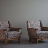 Mid-century modern Danish, pair of oak armchairs with original fabric, 1960s.