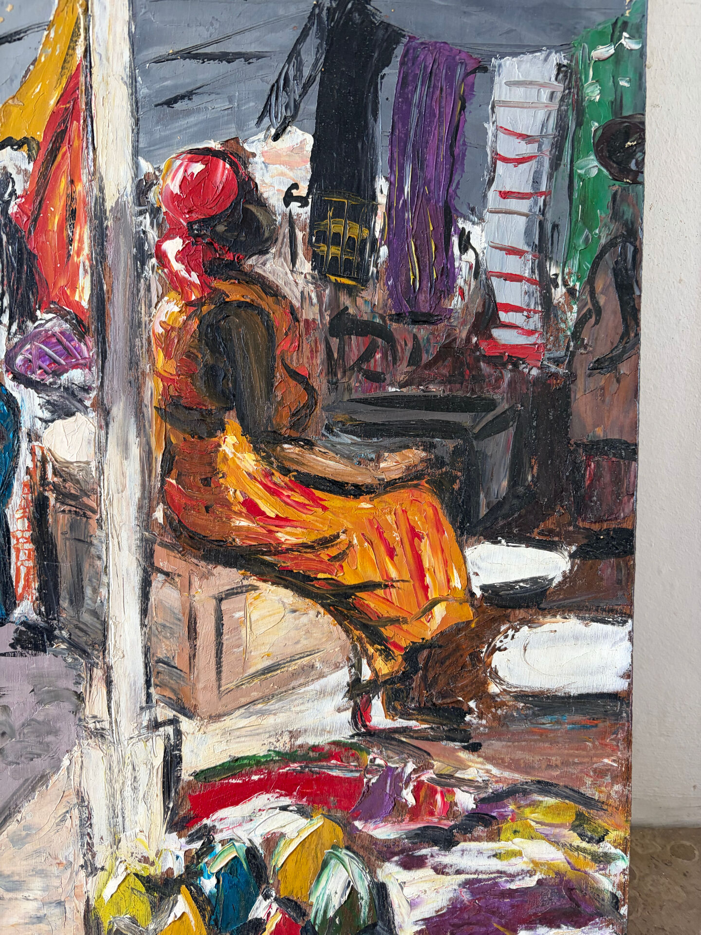 Market in Dakar, oil on panel signed G Vignesoult.