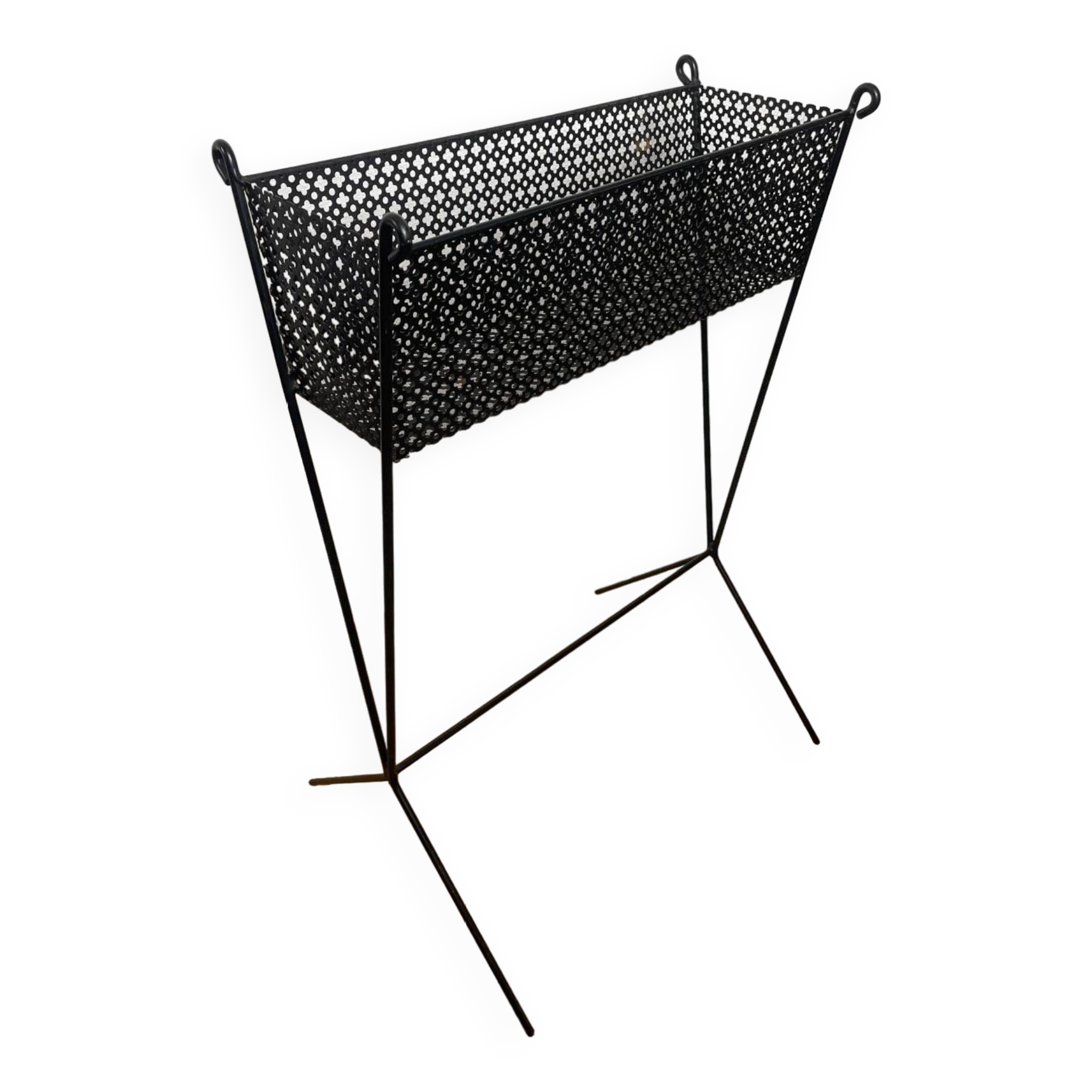 1950s black perforated metal planter in the style of Mathieu MATEGOT