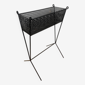 Black perforated metal planter from the 1950s in the style of Mathieu MATEGOT
