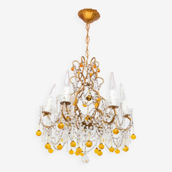 Italian cage chandelier in gold metal with amber balls