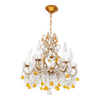 Italian cage chandelier in gold metal with amber balls