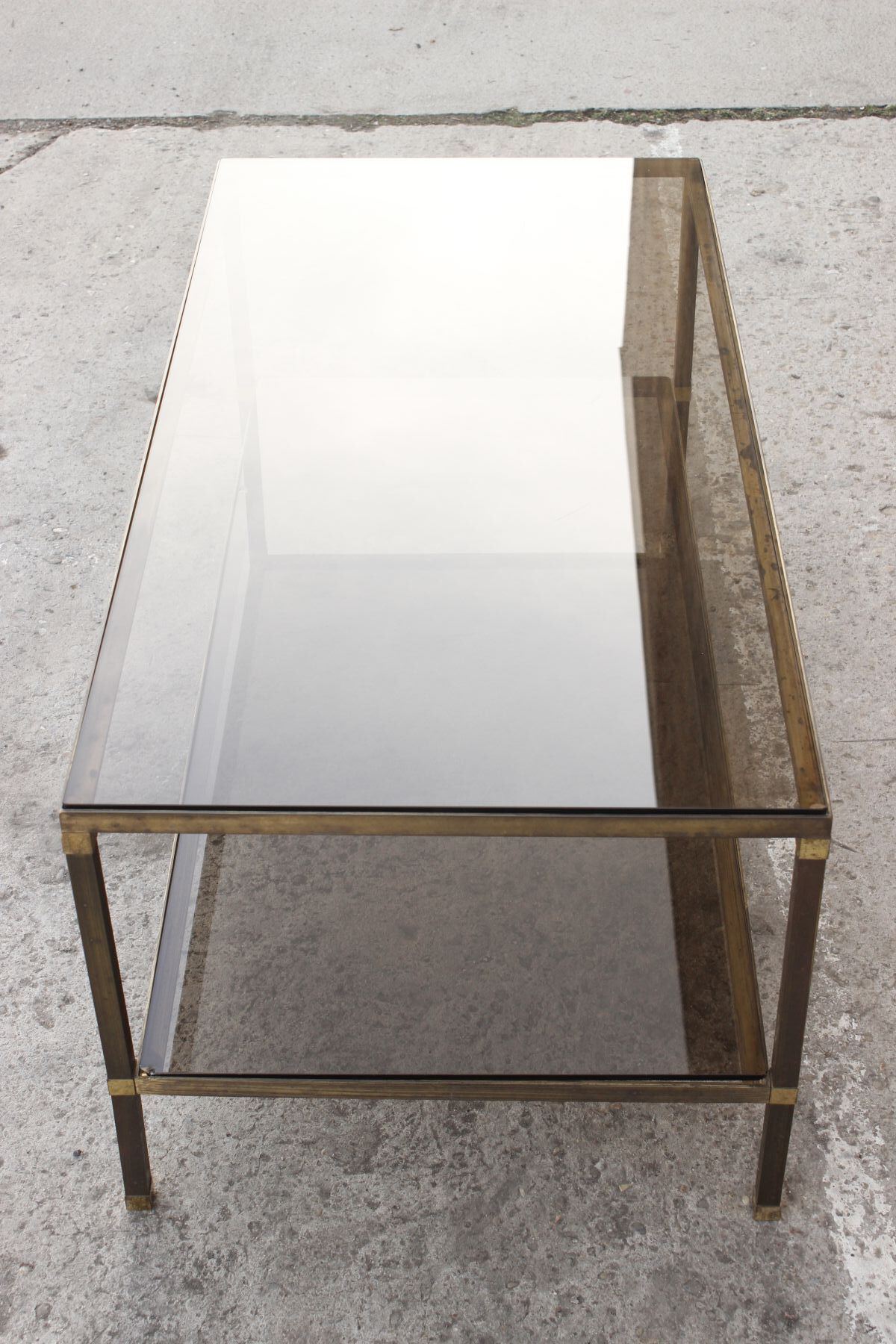 Table coffee in brass, bronze and smoked glass, France, 1950