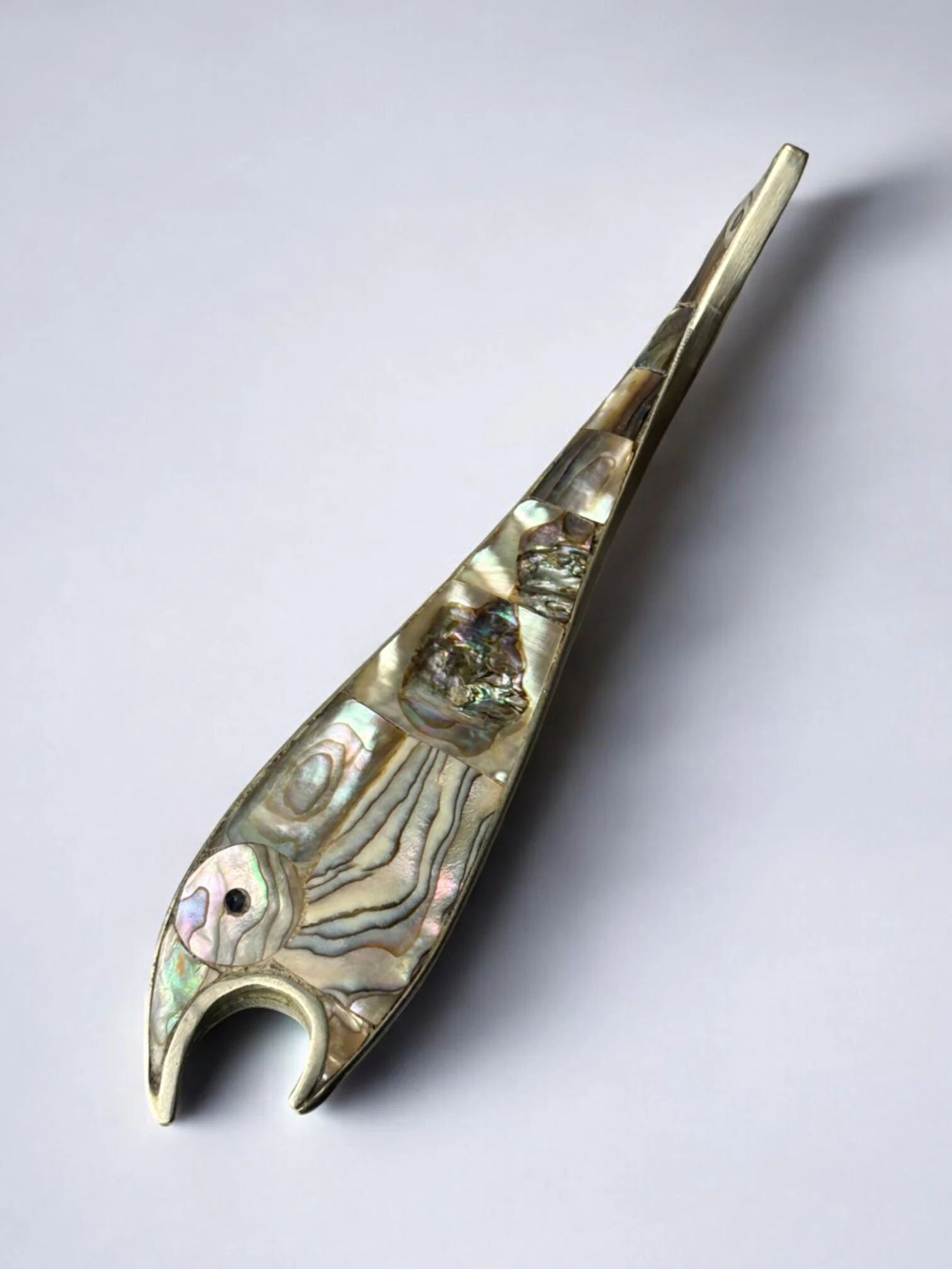 Fish bottle opener, abalone shell & alpaca, Mexico, circa 1980