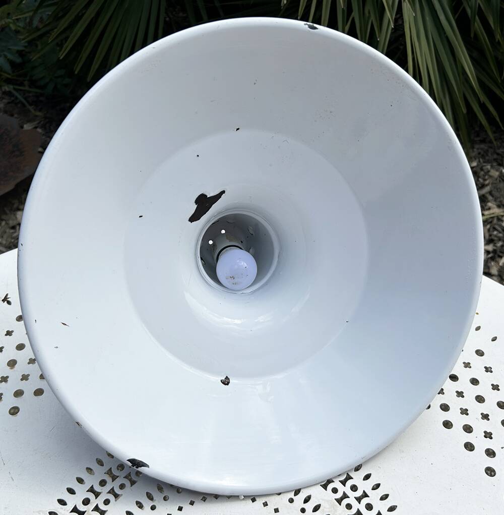 Industrial enameled pendant light, gray blue, vintage.