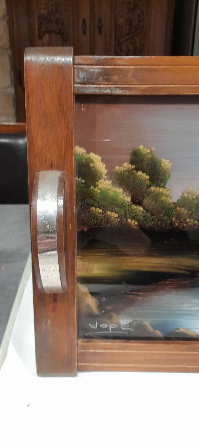 Painted wooden tray. Art Deco, signed Dope
