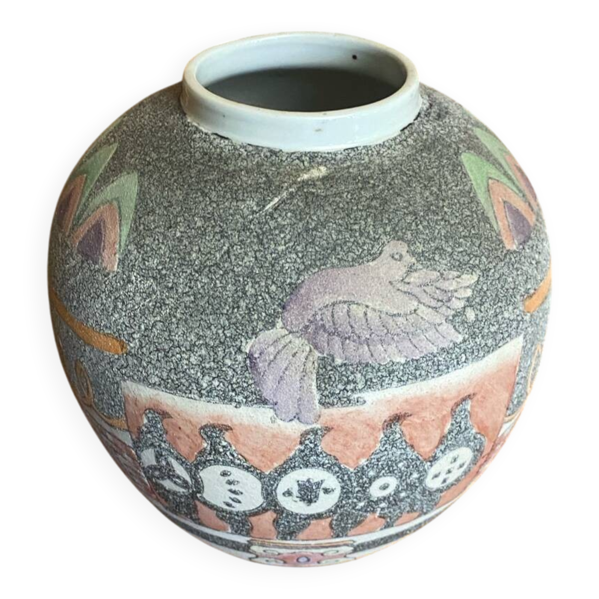 Antique Polychrome Ceramic Ball Vase Made in France Vintage