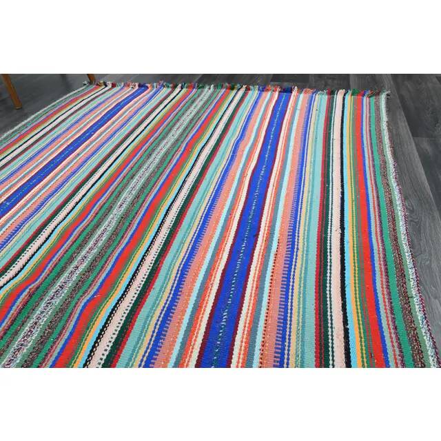 Vintage Turkish Oushak Handmade Wool Cotton Blue Pink Runner Rug 158x246