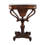 Antique mahogany sewing table on a pillar from around the year 1840s