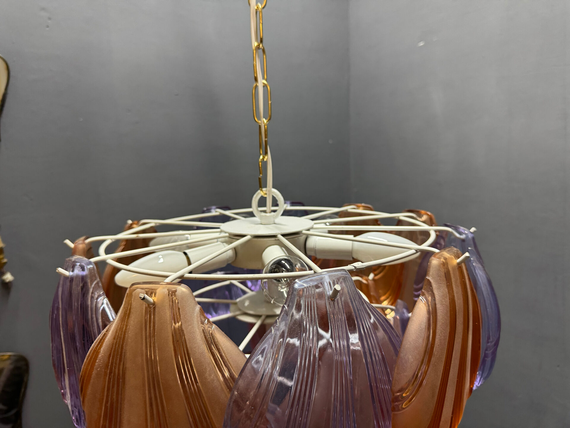 1980s Retro Murano Glass Shell Chandelier in Amber and Lavender, Italy