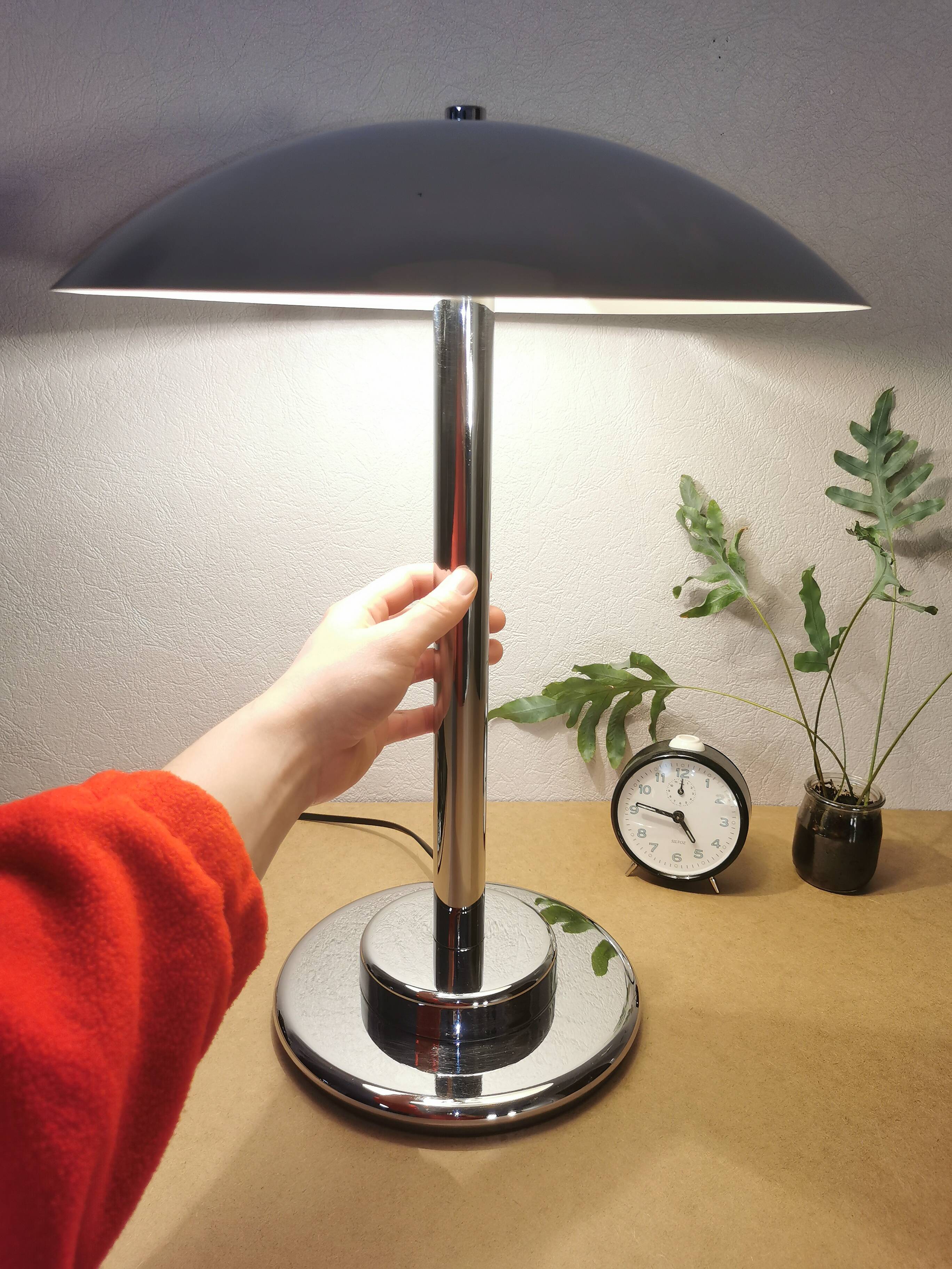 Mushroom lamp, chrome metal saucer, Aluminor, France, 1970