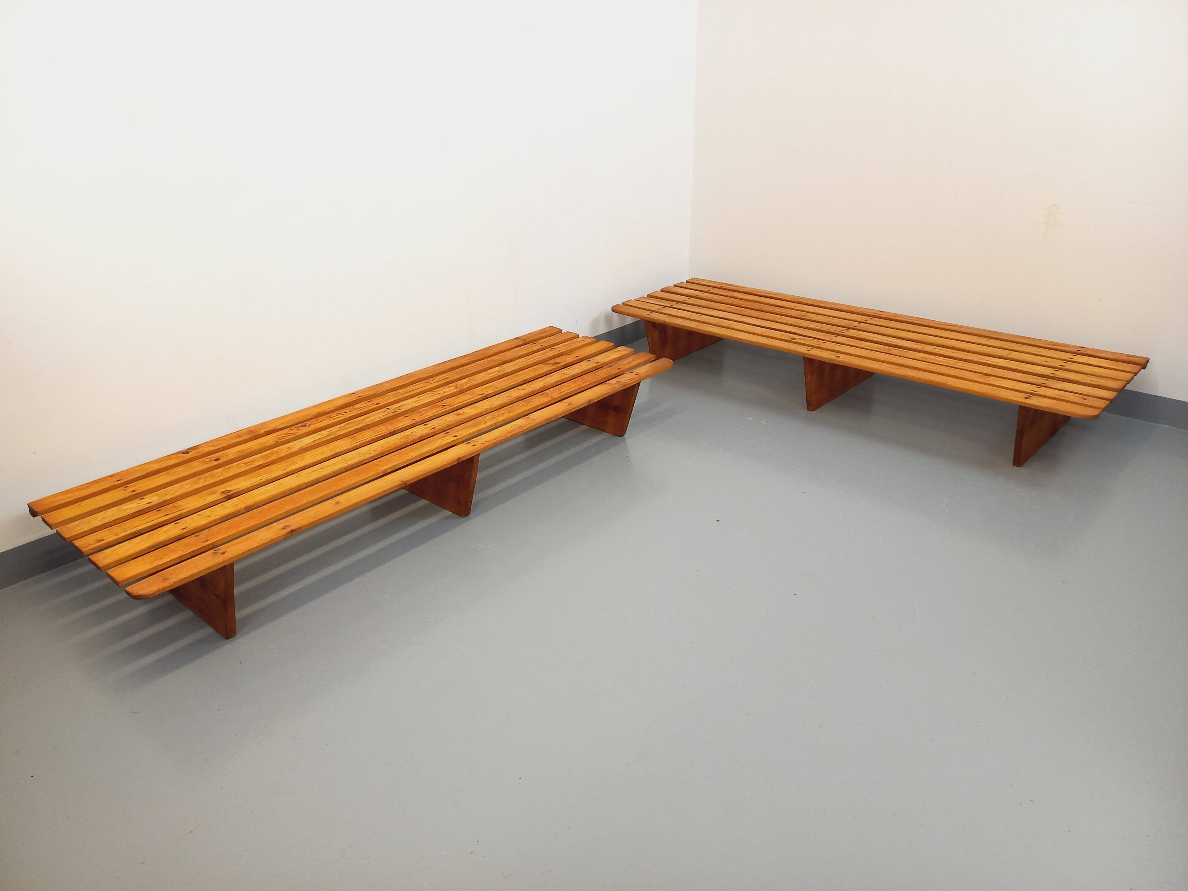 Pair of vintage  Perriand style  pine benches