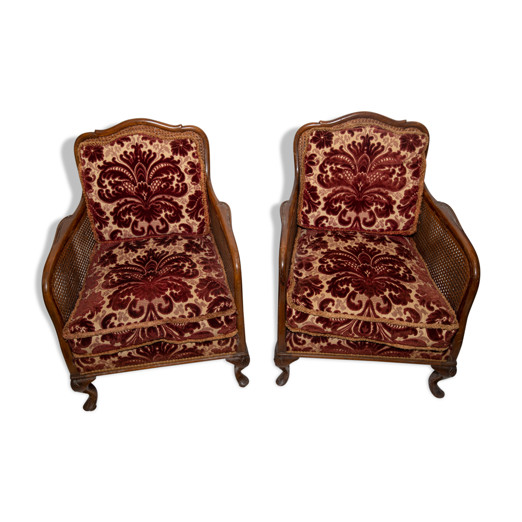 Deux Fauteuils De Salon Style Anglais Chippendale, Dossier Cannage – Velours Rouge, Très Bon état