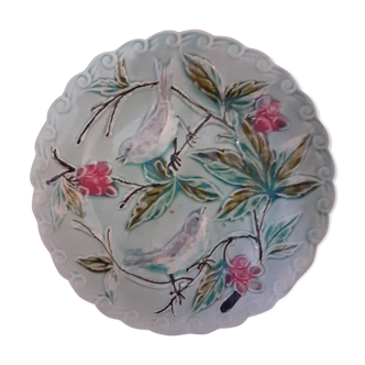 Assiette barbotine turquoise clair oiseaux