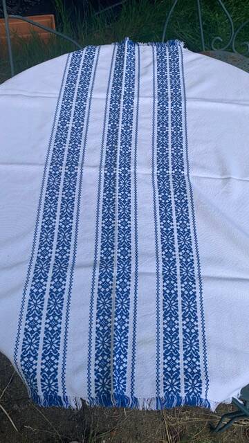 Rectangular tea tablecloth and 6 napkins, made in France, Basque linen, white and blue, Vintage