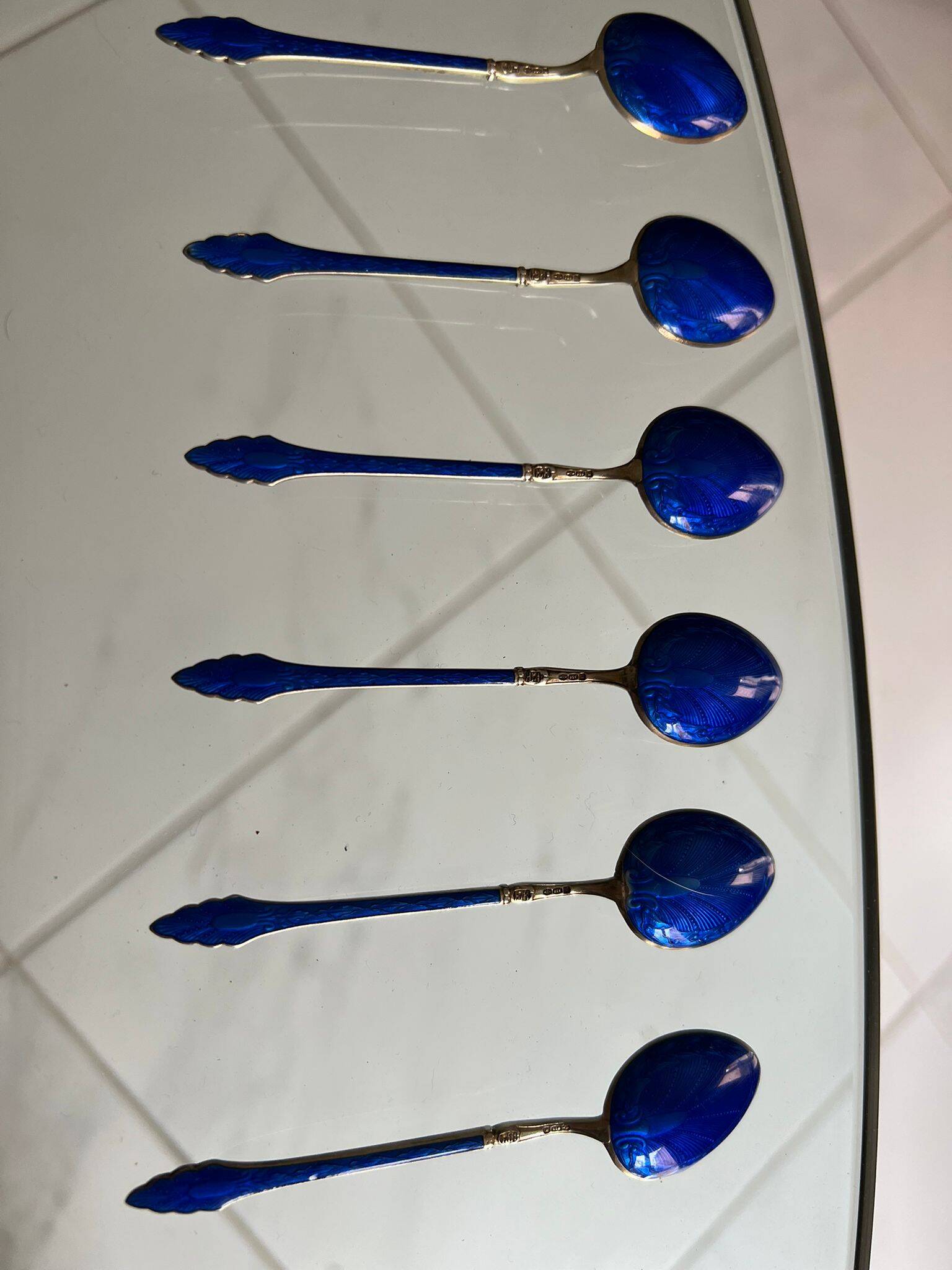 Coffee spoons late 19th century SOLID SILVER 995 3 hallmarks + ROYAL BLUE enamel ENGLISH origin