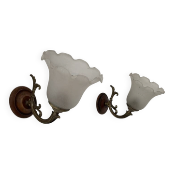 Pair of vintage wall lights in glass, wood and brass, France, 1970.