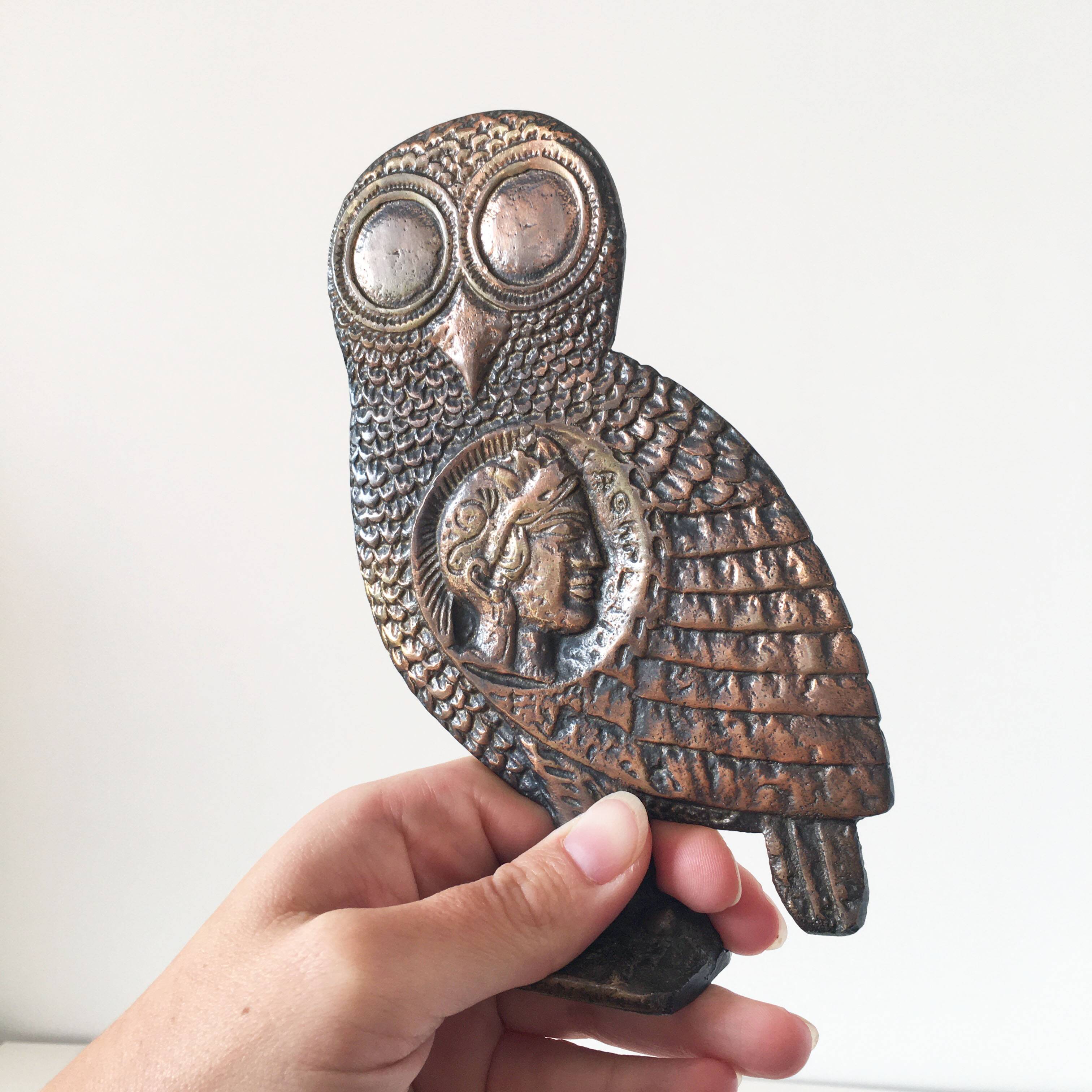 Owl sculpture in gilded brass bronze