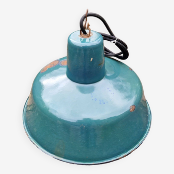 Industrial pendant light in turquoise enamelled sheet metal, Poland, 1950s-60s