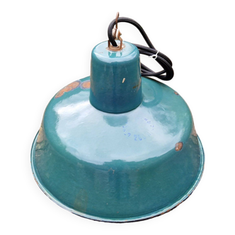 Industrial pendant light in turquoise enamelled sheet metal, Poland, 1950s-60s