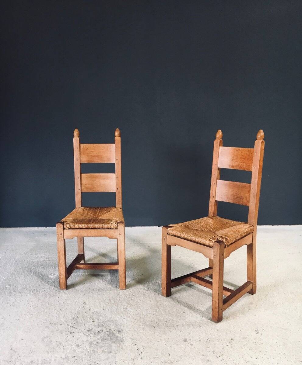 Handcrafted Oak and Rush Dining Chairs, Belgium, 1960s, Set of 6
