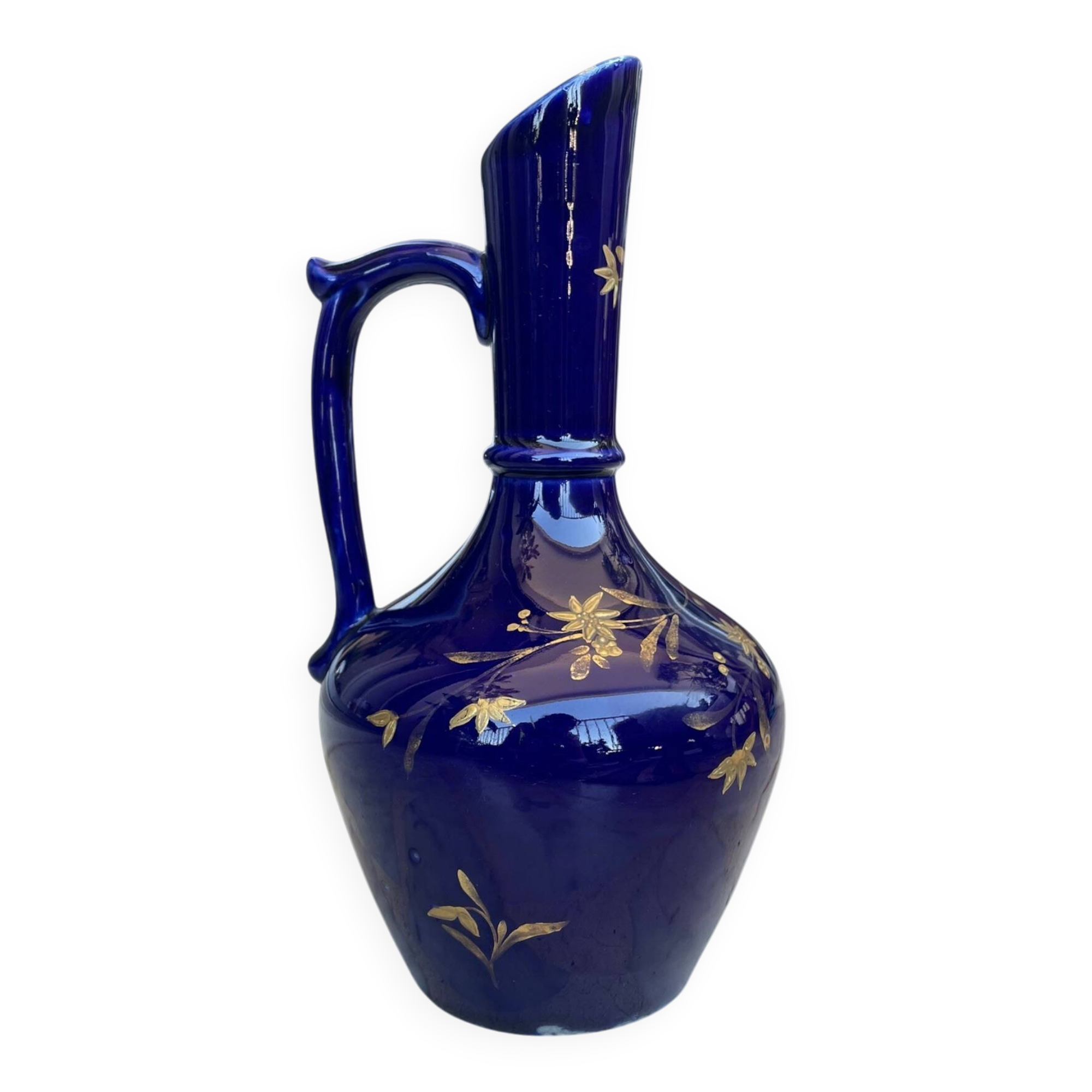 Vintage cobalt blue ceramic jug with gilding, 1950s-70s.